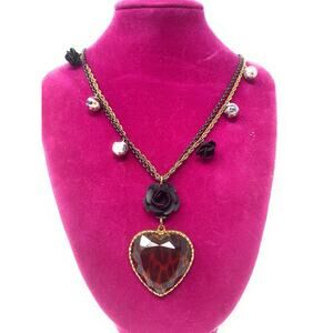 Betsey Johnson LOVE Leopard Heart Black Roses 20” Pearl Necklace - Dbl Chain
